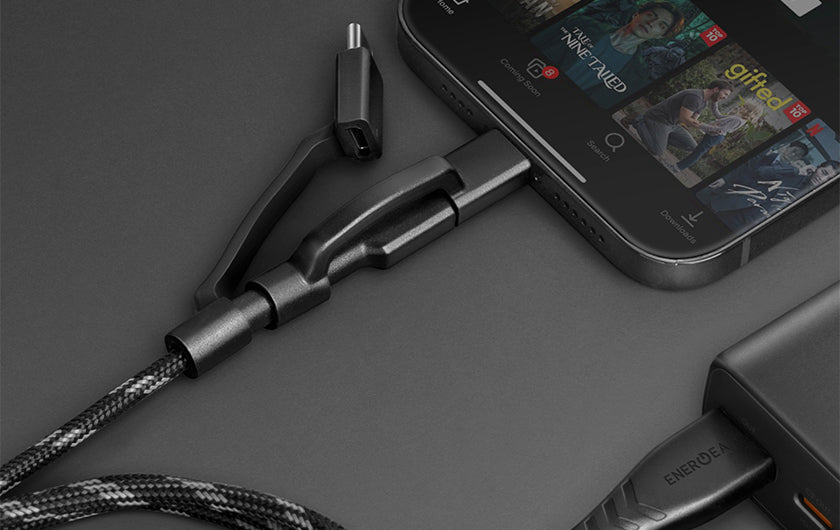 Nyloflex 3-in-1 fast-charging cable connected to a smartphone