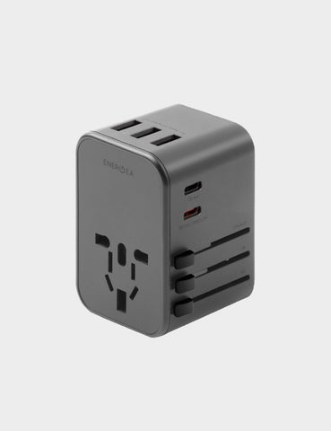 Black travel adapter with US/UK/AU/EU AC outlet plug converters and 5-USB portset plug converters and 5-USB ports