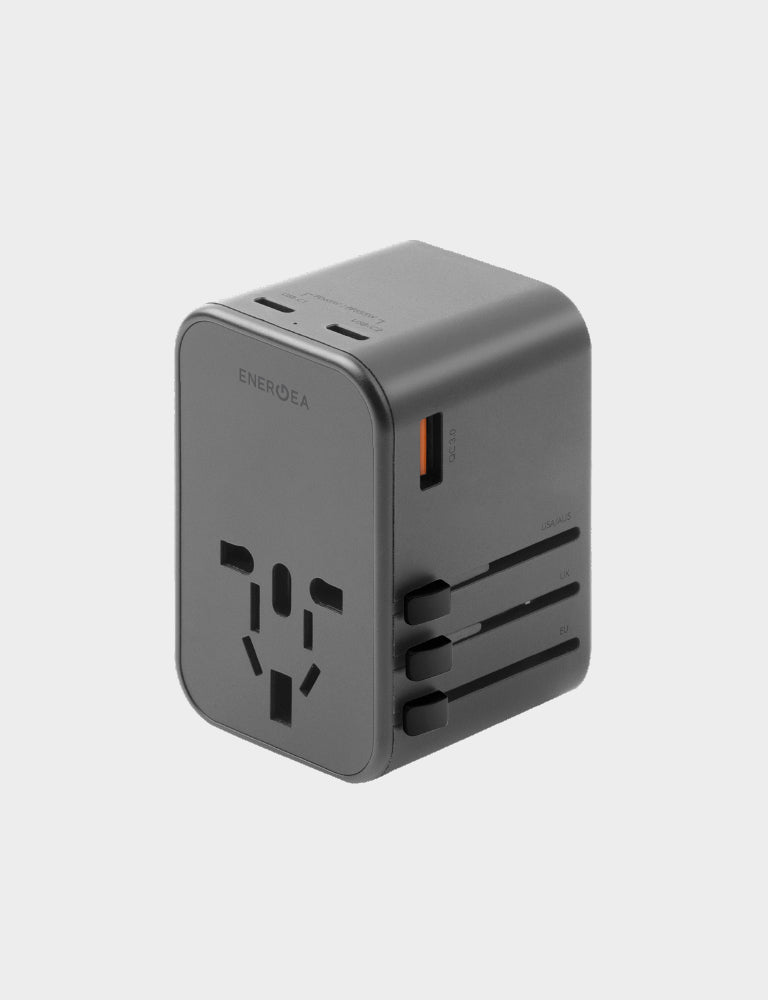 Black universal travel adapter with 2 USB-C and 1 USB-A ports